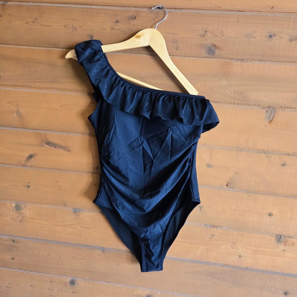 Dokotoo Ruffled One Shoulder Swimsuit NWT M One Piece Black Ruched Beach Summer - Picture 2 of 5
